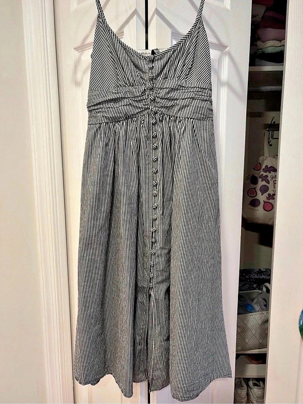 Anthropologie The Katerina Button-Front Dress Gingham Maxi Dress in Black &